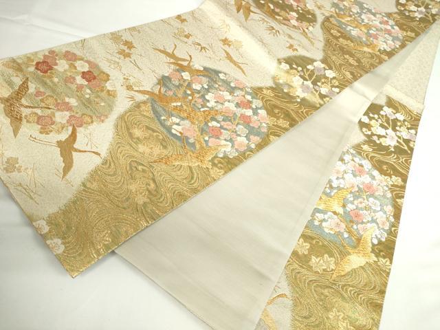 平和屋着物◎六通柄袋帯　唐織　枝梅　飛鶴流水花文　金銀糸　正絹　逸品　DABH0101op