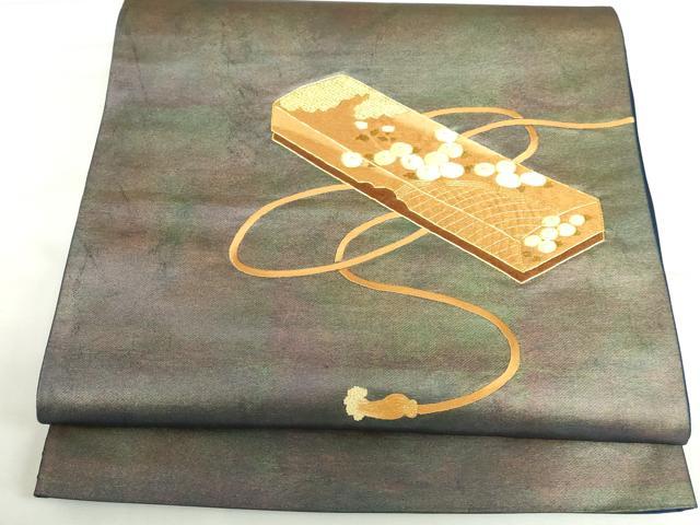 平和屋着物◎太鼓柄袋帯　作家物　駒刺繍　総刺繍　花文箱　金糸　引箔　正絹　逸品　DABH0105op