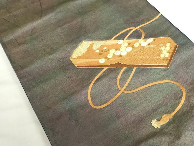 平和屋着物◎太鼓柄袋帯　作家物　駒刺繍　総刺繍　花文箱　金糸　引箔　正絹　逸品　DABH0105op