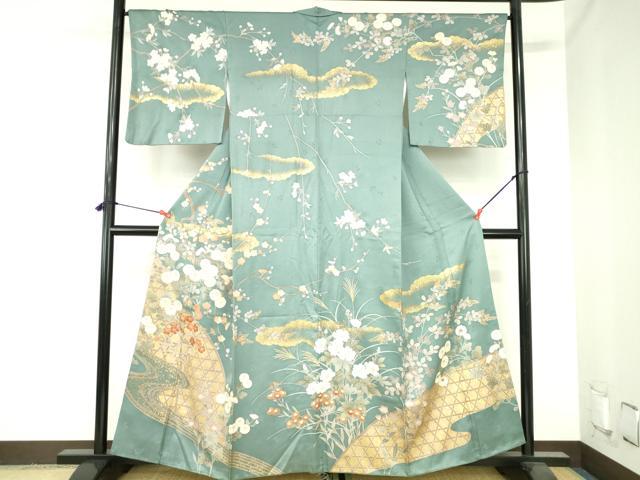 平和屋着物●訪問着　駒刺繍　草花　金彩　正絹　逸品　DABH0133op