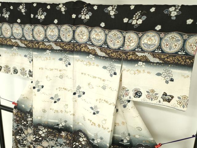 平和屋着物●訪問着　舞蝶立波花文　暈し染め　黒地　金彩　正絹　逸品　DABH0136op