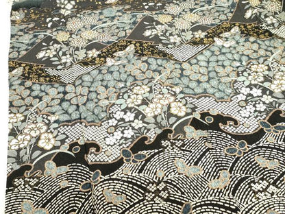 平和屋着物●訪問着　舞蝶立波花文　暈し染め　黒地　金彩　正絹　逸品　DABH0136op