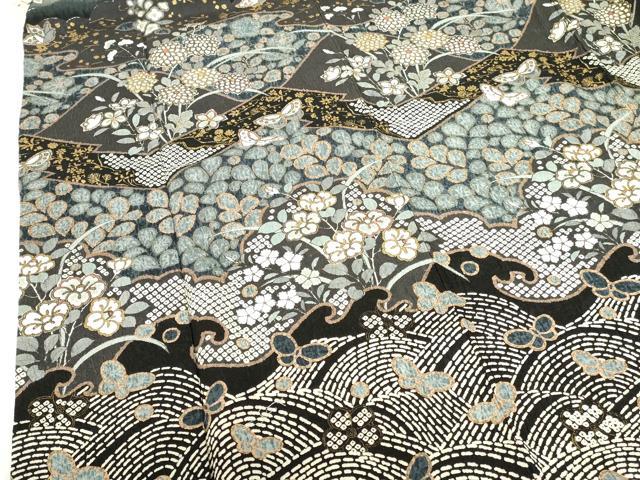 平和屋着物●訪問着　舞蝶立波花文　暈し染め　黒地　金彩　正絹　逸品　DABH0136op