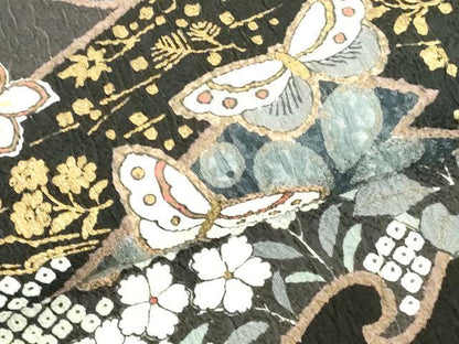 平和屋着物●訪問着　舞蝶立波花文　暈し染め　黒地　金彩　正絹　逸品　DABH0136op