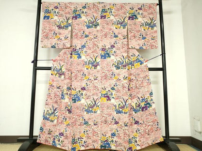 平和屋着物●上質な小紋　型染　杜若　カキツバタ　桔梗　鬼しぼ縮緬　正絹　逸品　DABH0142op