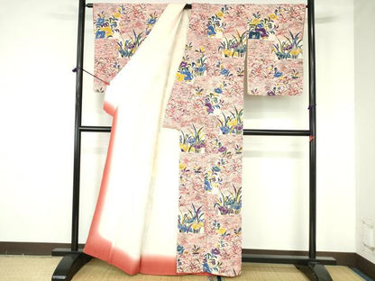 平和屋着物●上質な小紋　型染　杜若　カキツバタ　桔梗　鬼しぼ縮緬　正絹　逸品　DABH0142op