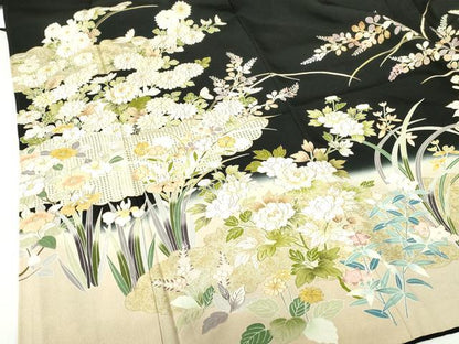 平和屋着物●中国三大刺繍　スワトウ刺繍　汕頭刺繍　黒留袖　駒刺繍　雲取花文　暈し染め　金彩　正絹　逸品　DABH0150op