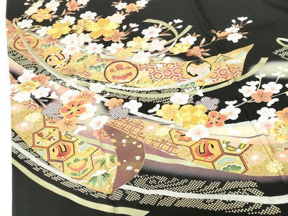 平和屋着物●豪華黒留袖　駒刺繍　宝尽くし花文　枝桜　暈し染め　金彩　正絹　逸品　DABH0151op
