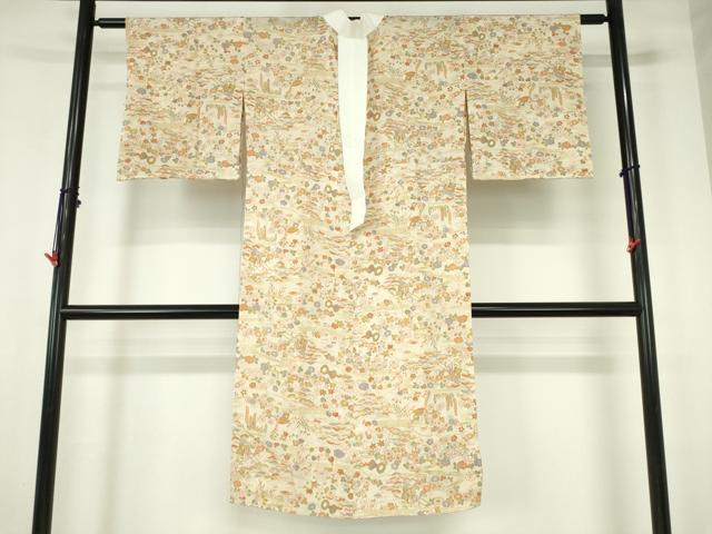 平和屋着物●長襦袢　無双仕立て　鼓　御所車風景花文　正絹　逸品　DABH0155op