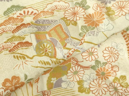 平和屋着物●長襦袢　無双仕立て　鼓　御所車風景花文　正絹　逸品　DABH0155op