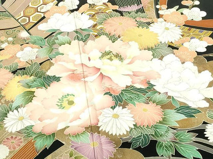 平和屋着物●豪華黒留袖　刺繍　牡丹　枝梅　金彩　正絹　逸品　DABH0156op