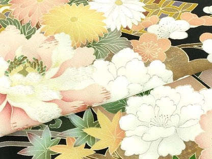 平和屋着物●豪華黒留袖　刺繍　牡丹　枝梅　金彩　正絹　逸品　DABH0156op