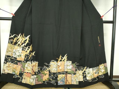 平和屋着物●世界的ファッションデザイナー　山本寛斎　kansaiブランド　黒留袖　駒刺繍　群鶴流水琳派図　金彩　正絹　逸品　DABH0158op