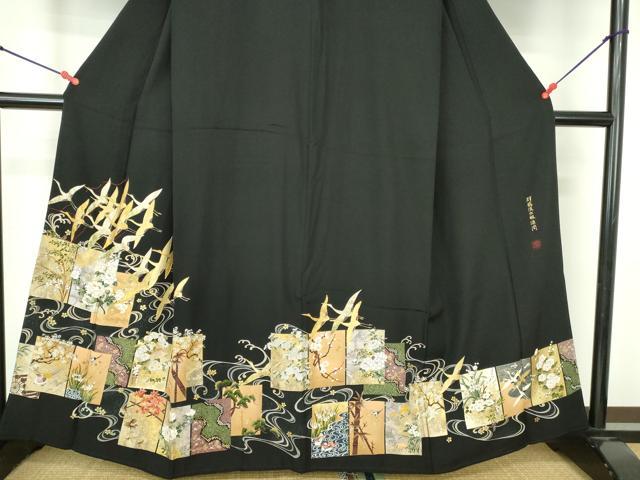 平和屋着物●世界的ファッションデザイナー　山本寛斎　kansaiブランド　黒留袖　駒刺繍　群鶴流水琳派図　金彩　正絹　逸品　DABH0158op