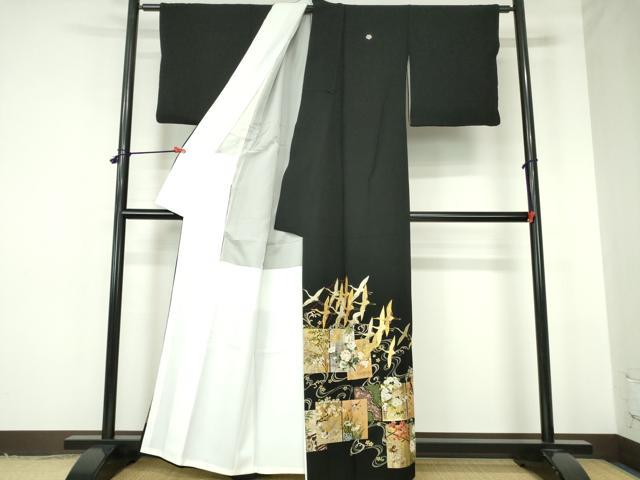 平和屋着物●世界的ファッションデザイナー　山本寛斎　kansaiブランド　黒留袖　駒刺繍　群鶴流水琳派図　金彩　正絹　逸品　DABH0158op