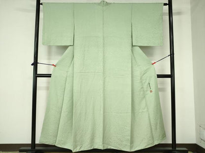 平和屋着物●上質な色無地　舞桜地紋　山葵色　霊芝草木染　正絹　逸品　未使用　DABH0162op