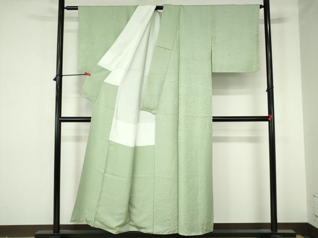 平和屋着物●上質な色無地　舞桜地紋　山葵色　霊芝草木染　正絹　逸品　未使用　DABH0162op