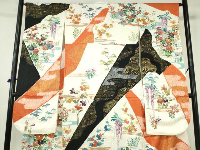 平和屋着物●豪華振袖・長襦袢セット(無双仕立て)　駒刺繍　絞り　鴛鴦花文　金彩　正絹　逸品　DABH0178op