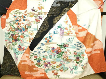 平和屋着物●豪華振袖・長襦袢セット(無双仕立て)　駒刺繍　絞り　鴛鴦花文　金彩　正絹　逸品　DABH0178op
