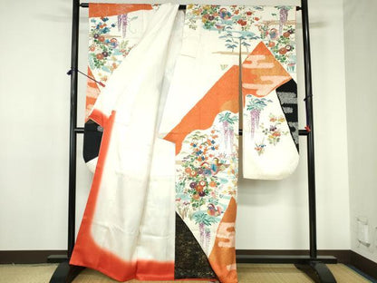 平和屋着物●豪華振袖・長襦袢セット(無双仕立て)　駒刺繍　絞り　鴛鴦花文　金彩　正絹　逸品　DABH0178op