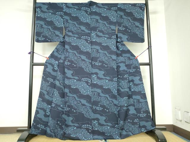 平和屋着物▽上質な小紋　単衣　藍　型染　菊唐草　正絹　逸品　DABH0182op