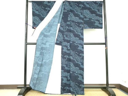 平和屋着物▽上質な小紋　単衣　藍　型染　菊唐草　正絹　逸品　DABH0182op