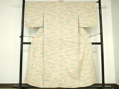 平和屋着物▽本塩沢　単衣　横段花文　正絹　逸品　DABH0184op