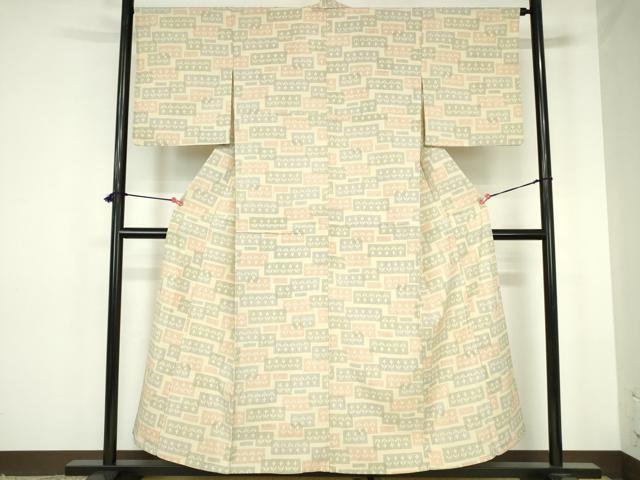 平和屋着物▽本塩沢　単衣　横段花文　正絹　逸品　DABH0184op