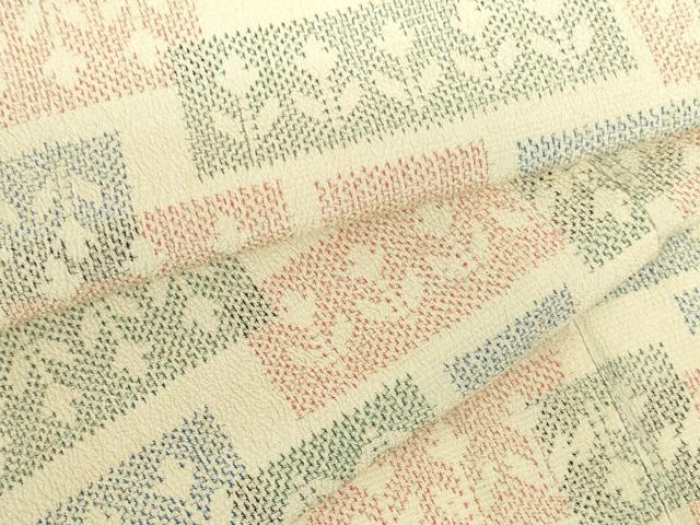 平和屋着物▽本塩沢　単衣　横段花文　正絹　逸品　DABH0184op