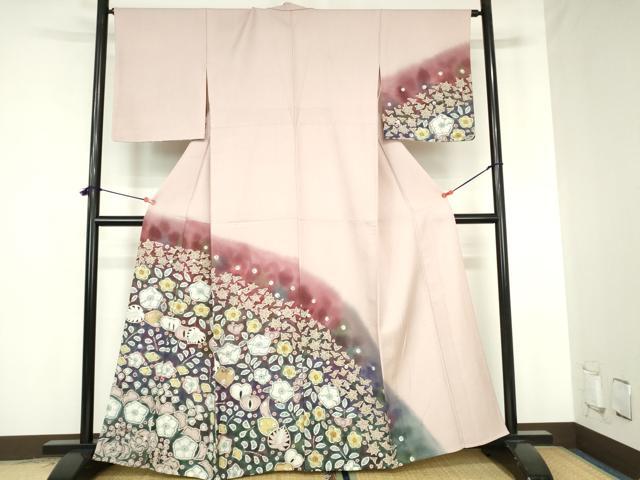平和屋着物▽訪問着　単衣　辻が花　暈し染め　ラメ糸　正絹　逸品　DABH0190op