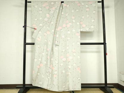 平和屋着物▽上質な小紋　単衣　地紋起こし　枝花　正絹　逸品　DABH0192op