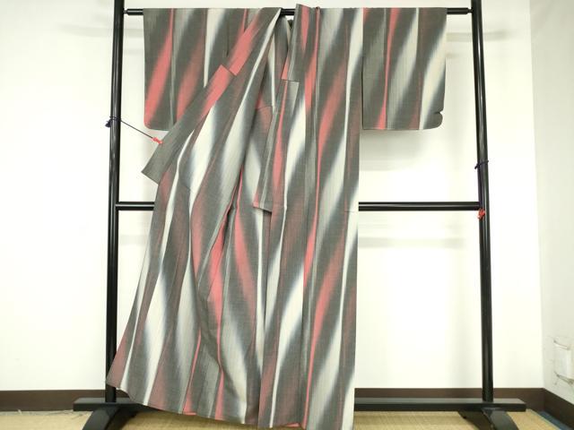 平和屋着物▽上質なお召 　単衣　 間道　正絹　逸品　未使用　DABH0193op