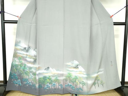 平和屋着物▽訪問着　単衣　作家物　手描き　重ね山樹林文　暈し染め　金彩　正絹　逸品　未使用　DABH0196op