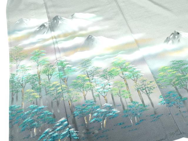 平和屋着物▽訪問着　単衣　作家物　手描き　重ね山樹林文　暈し染め　金彩　正絹　逸品　未使用　DABH0196op