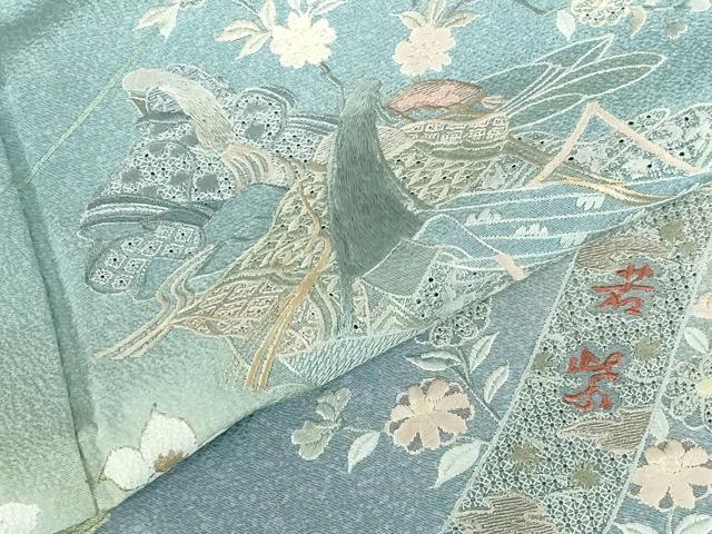 平和屋着物▽中国三大刺繍　スワトウ刺繍　汕頭刺繍　総刺繍　訪問着　単衣　人物花文　枝桜　暈し染め　金彩　正絹　逸品　DABH0197op