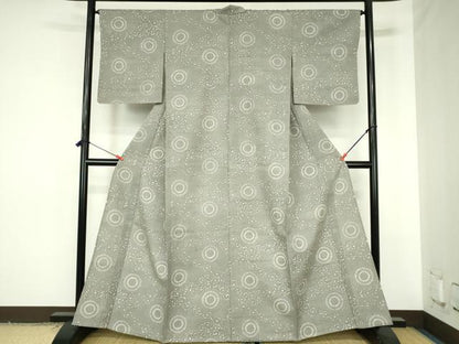 平和屋着物▽上質な小紋　単衣　紬地　型染　菊唐草　正絹　逸品　DABH0198op