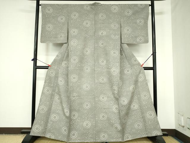 平和屋着物▽上質な小紋　単衣　紬地　型染　菊唐草　正絹　逸品　DABH0198op