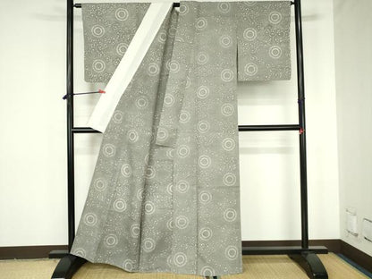 平和屋着物▽上質な小紋　単衣　紬地　型染　菊唐草　正絹　逸品　DABH0198op