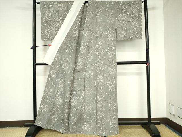 平和屋着物▽上質な小紋　単衣　紬地　型染　菊唐草　正絹　逸品　DABH0198op