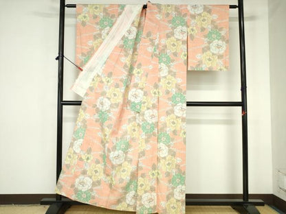 平和屋着物▽上質な紬　単衣　草花　正絹　逸品　DABH0201op