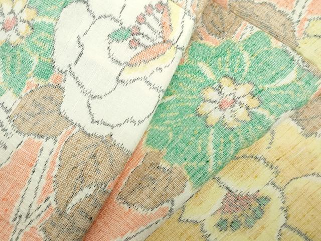 平和屋着物▽上質な紬　単衣　草花　正絹　逸品　DABH0201op