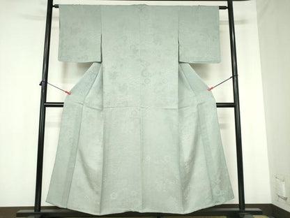 平和屋着物▽上質な色無地　単衣　草花地紋　千草色　正絹　逸品　DABH0209op
