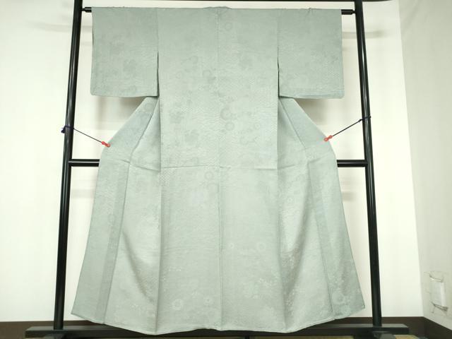 平和屋着物▽上質な色無地　単衣　草花地紋　千草色　正絹　逸品　DABH0209op