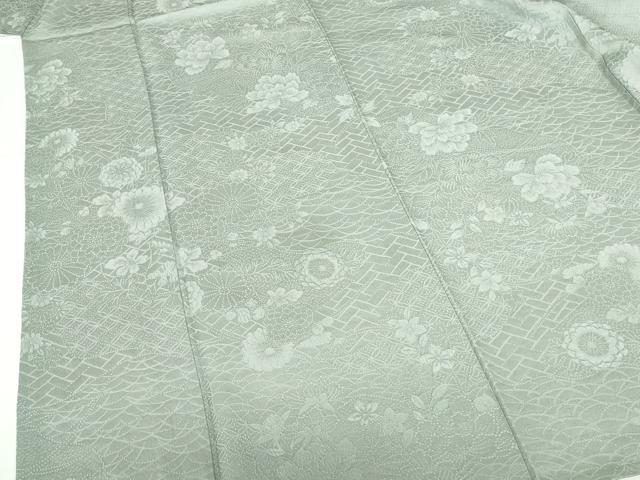 平和屋着物▽上質な色無地　単衣　草花地紋　千草色　正絹　逸品　DABH0209op