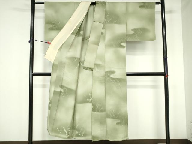 平和屋着物▽上質な小紋　単衣　草葉文　暈し染め　正絹　逸品　DABH0212op