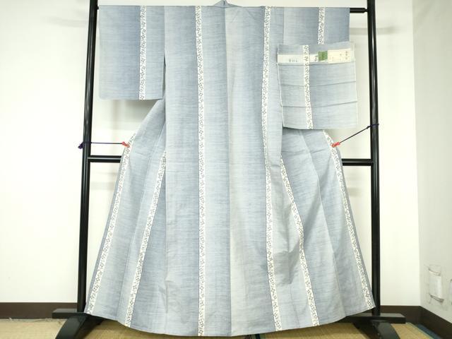 平和屋着物▽小千谷紬　単衣　手おり　古志路　花唐草間道　証紙付き　正絹　逸品　DABH0213op