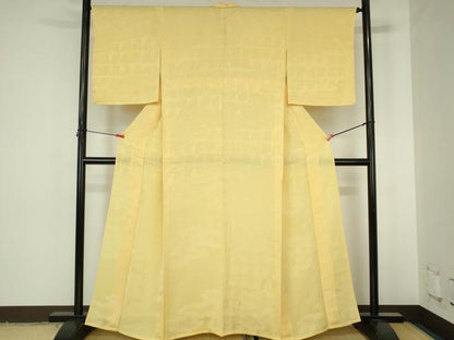 平和屋着物▽上質な色無地　単衣　雲取格子地紋　淡黄色　正絹　逸品　未使用　DABH0220op