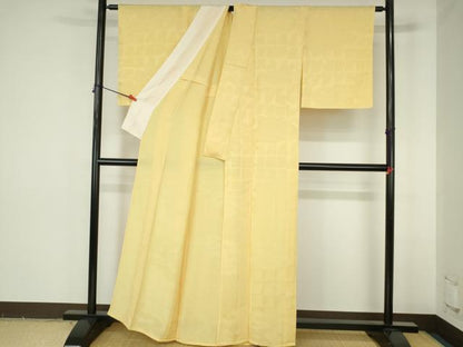 平和屋着物▽上質な色無地　単衣　雲取格子地紋　淡黄色　正絹　逸品　未使用　DABH0220op