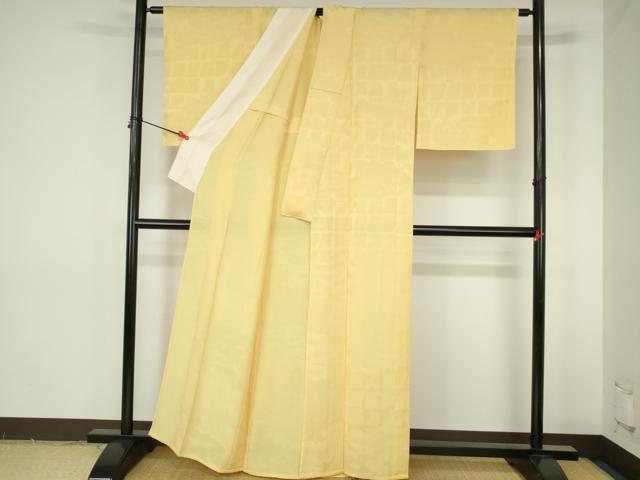 平和屋着物▽上質な色無地　単衣　雲取格子地紋　淡黄色　正絹　逸品　未使用　DABH0220op