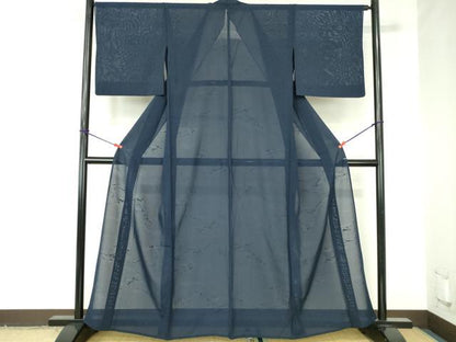 平和屋着物＊夏物　色無地　霞紋紗　濃藍色　正絹　逸品　DABH0239op